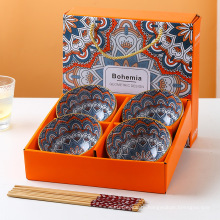 2021 Top Selling Bohemian Mandala Style rice bowl set gift set Ceramic bow set of 2/4/6 with chopsticks
